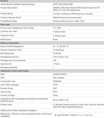 Προθεσμία πληρωμής T/T 6ES71384CA600AB0 Ενότητα ισχύος PM-E υψηλής δυνατότητας για ET 200S 24 V DC