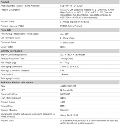 100% Αρχική 6ES7144-4FF01-0AB0 ET 200 PRO 4 AI U Διαγνωστική καναλιού υψηλών χαρακτηριστικών