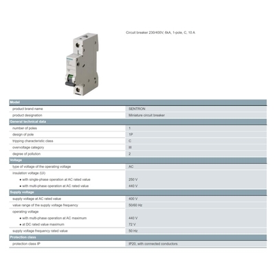 Siemens 5SN6110-7CN 230/400V 6kA 1-πολικός διακόπτης κυκλώματος C 10 A Καθαρό βάρος kg 0,261 Kg