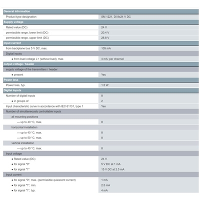 ΣΥΜΑΤΙΚΑ S7-1200 Ψηφιακή είσοδος SM 1221 8 DI 24 V συνεχής συσσωρευτής/πηγή PLC 6ES7221-1BF32-0XB0